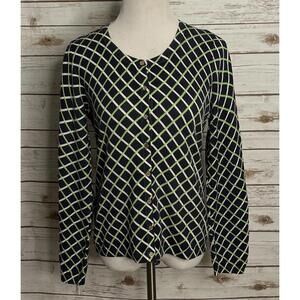 Talbots classic cotton navy geometric gold button-front cardigan sweater Medium